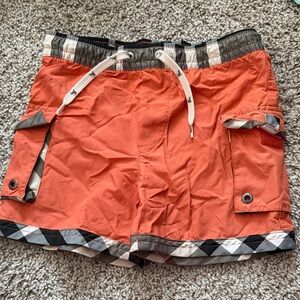 Burberry Orange Mesh Swim Shorts with Black & Beige Check Waistband